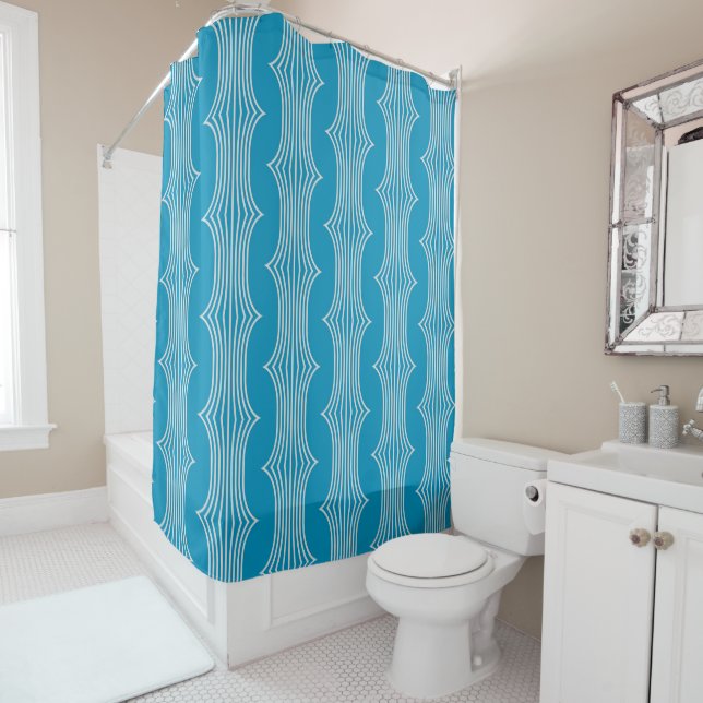 Retro Abstract White Lines on Blue Pattern Shower Curtain (In Situ)