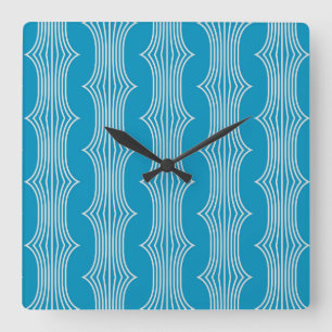Retro Abstract White Lines on Blue Pattern Square Wall Clock
