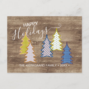 Retro Abstract Xmas Trees On Woodgrain Pattern Postcard