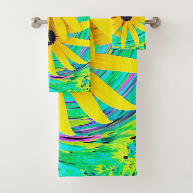 Retro Abstract Yellow Flowers on Aqua Swirl Bath Towel Set (Insitu)