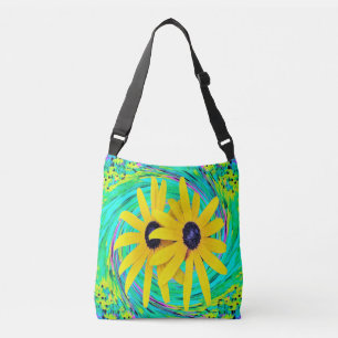 Retro Abstract Yellow Flowers on Aqua Swirl Crossbody Bag