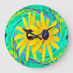 Retro Abstract Yellow Flowers on Aqua Swirl Large Clock