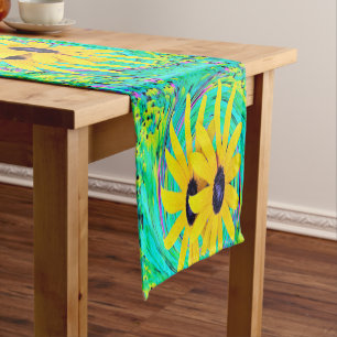 Retro Abstract Yellow Flowers on Aqua Swirl Short Table Runner