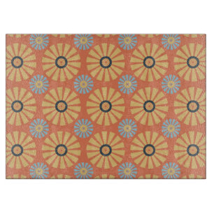 Retro Abstrat Blue and Orange Daisies Pattern Cutting Board