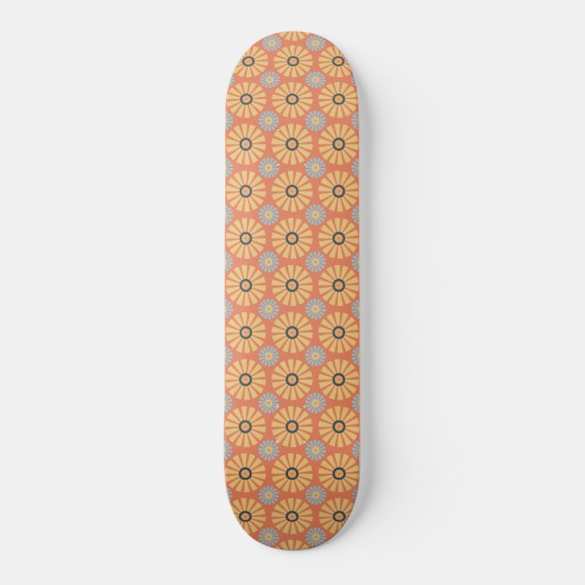 Retro Abstrat Blue and Orange Daisies Pattern Skateboard (Front)