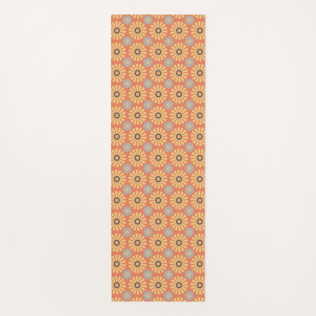 Retro Abstrat Blue and Orange Daisies Pattern Yoga Mat (Front)