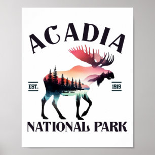 Retro Acadia National Park Moose Forest Camping Hi Poster