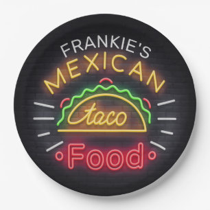 Retro ADD NAME Faux Neon Mexican Food Taco Diner Paper Plate
