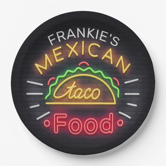 Retro ADD NAME Faux Neon Mexican Food Taco Diner Paper Plate (Front)