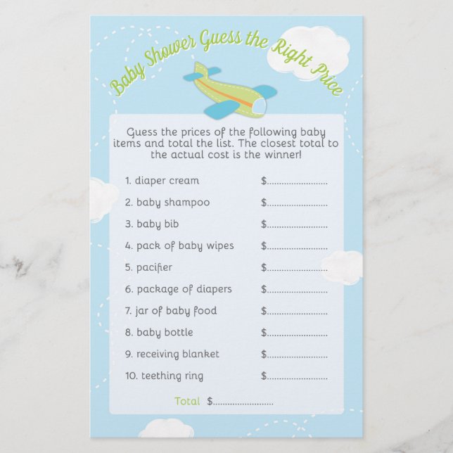 Retro Aeroplane Baby Shower Guess Right Price Game (Front)