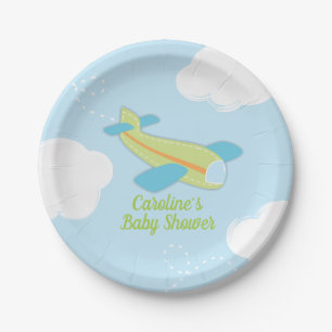 Retro Aeroplane Baby Shower in Blue and Green Paper Plate