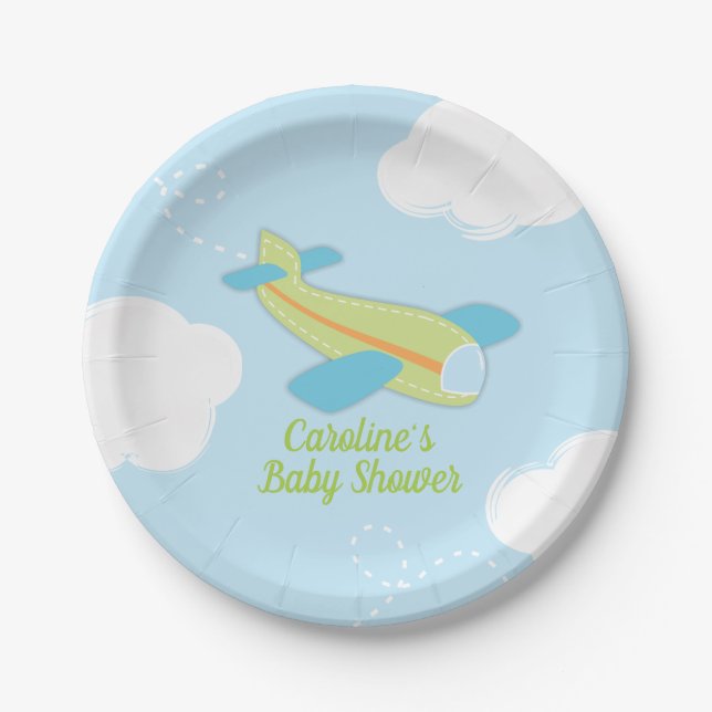 Retro Aeroplane Baby Shower in Blue and Green Paper Plate (Front)