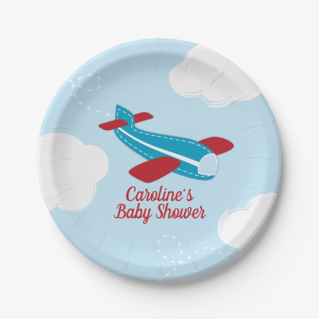 Retro Aeroplane Baby Shower in Red and Blue Paper Plate (Front)