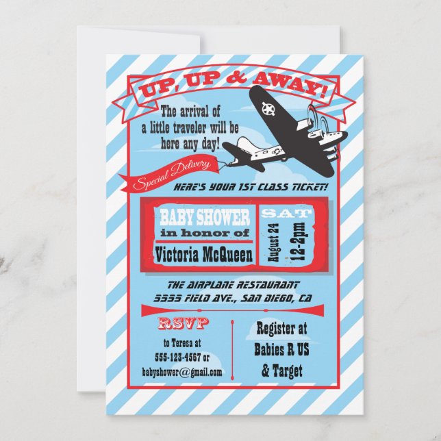 Retro Aeroplane Baby Shower with ticket invitation (Front)