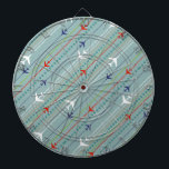 Retro Aeroplane Pattern Dart Board<br><div class="desc">Fasten your seatbelt. This Retro Aeroplane Pattern Dart Board is ready for takeoff. The design features lines of red, royal blue, and white, mid century modern aeroplanes flying across a steel blue background. Thin stripes of orange, lime green and grey, as well as lines of teal dots, add interest to...</div>