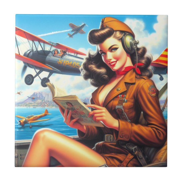 Retro Aeroplane Pin-up Ceramic Tile (Front)