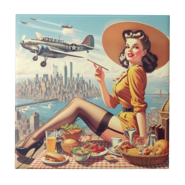 Retro Aeroplane Pin-up Illustration Ceramic Tile (Front)