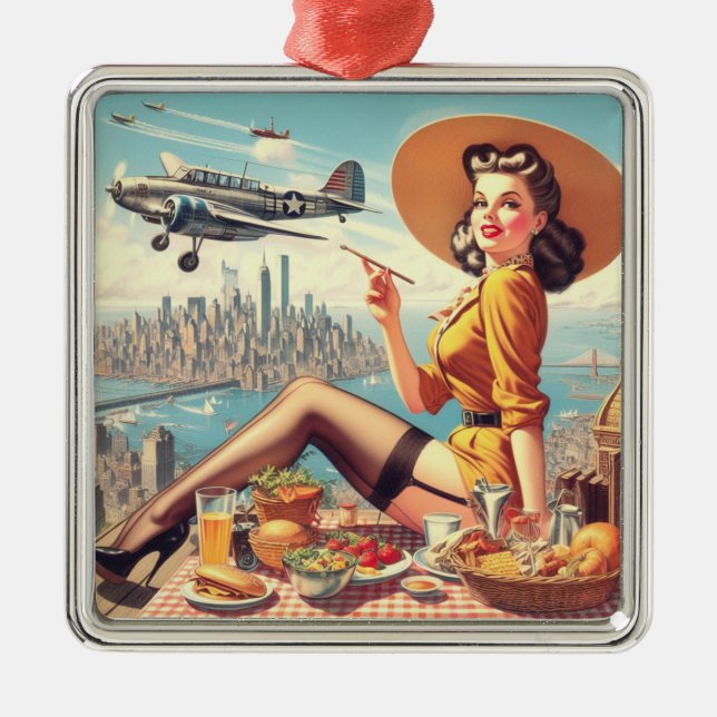 Retro Aeroplane Pin-up Illustration Metal Ornament (Front)