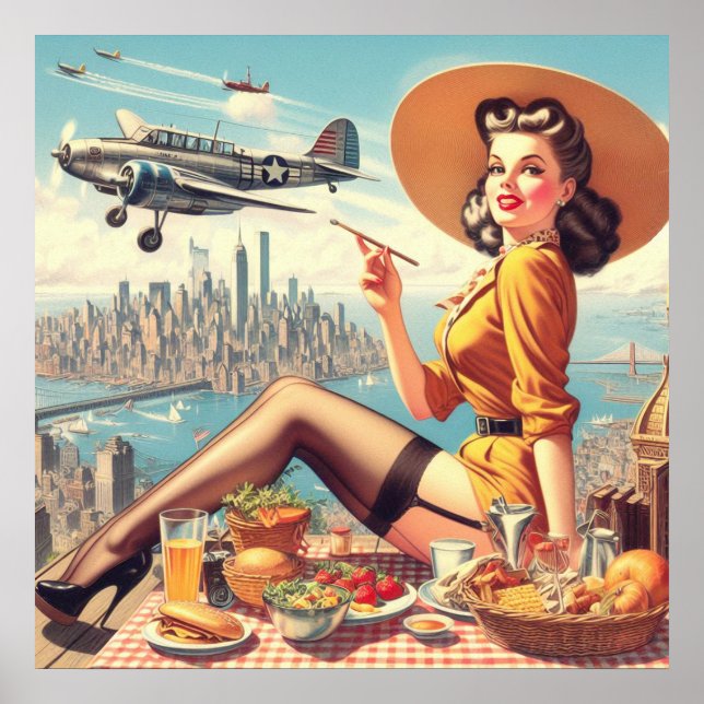 Retro Aeroplane Pin-up Illustration Poster (Front)