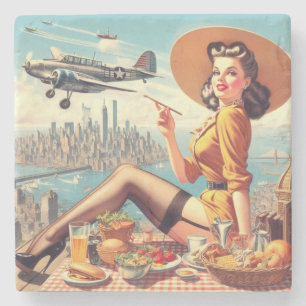 Retro Aeroplane Pin-up Illustration Stone Coaster