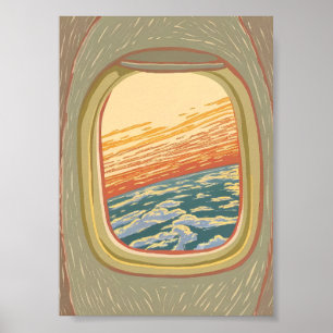 Retro Aeroplane Window View Sunset Clouds Travel Poster
