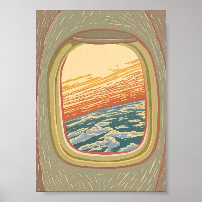 Retro Aeroplane Window View Sunset Clouds Travel  Poster (Front)
