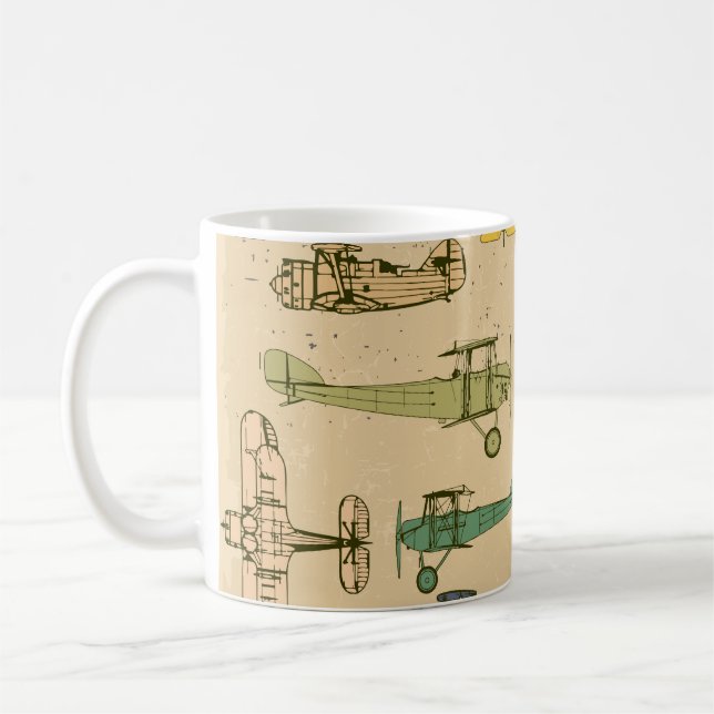 Retro Aeroplanes: Cracked Vintage Pattern. Coffee Mug (Left)