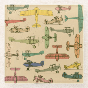Retro Aeroplanes: Cracked Vintage Pattern. Glass Coaster