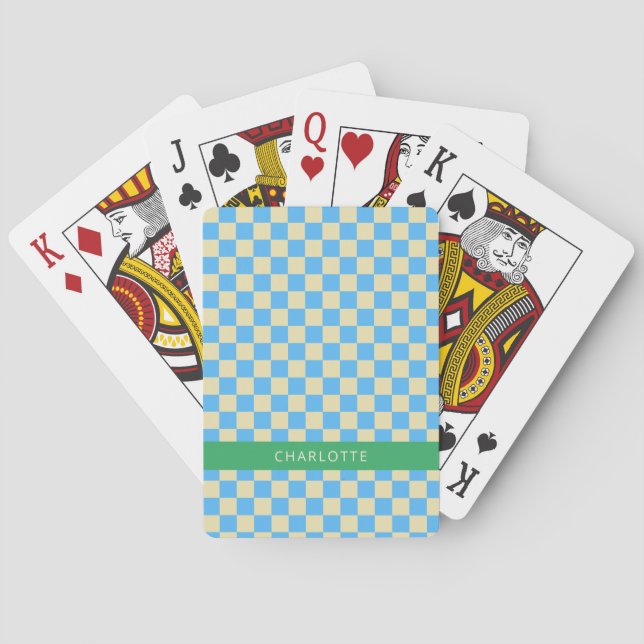 Retro Aesthetic Chequerboard Blue Personalised  Playing Cards (Back)