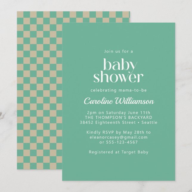 Retro Aesthetic Chequerboard Mint Baby Shower  Invitation (Front/Back)