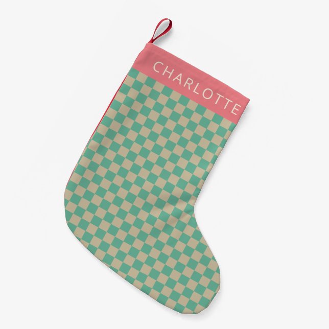Retro Aesthetic Chequerboard Mint Personalised   Small Christmas Stocking (Front (Hanging))