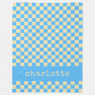 Retro Aesthetic Chequerboard Pattern Blue Name Fleece Blanket