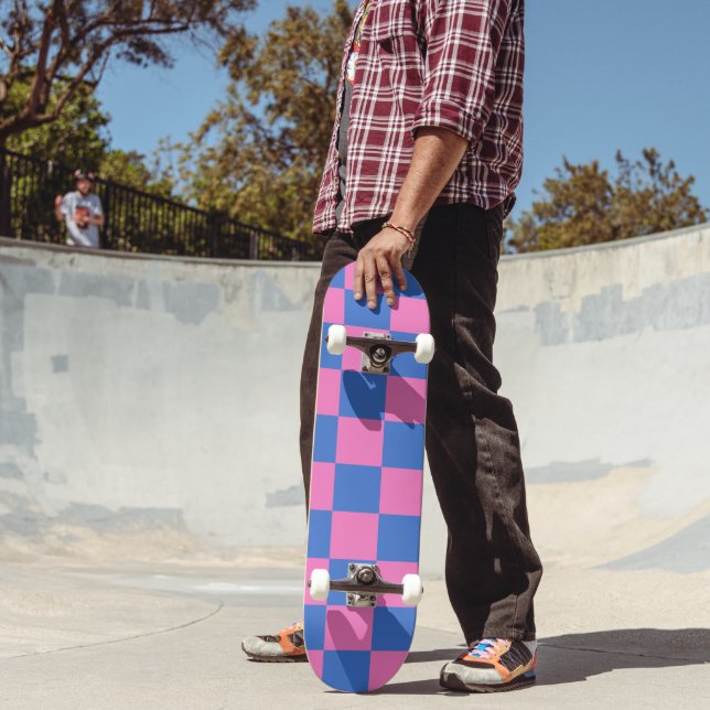 Retro Aesthetic Chequerboard Pattern Pink and Blue Skateboard (Outdoor 2)