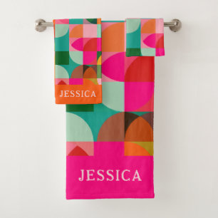 Retro Aesthetic Colourful Geometric Pattern Name Bath Towel Set