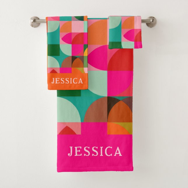 Retro Aesthetic Colourful Geometric Pattern Name  Bath Towel Set (Insitu)