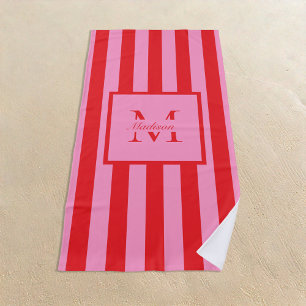 Retro Aesthetic Pink Red Personalised Monogram Beach Towel