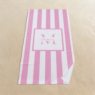 Retro Aesthetic Pink White Personalised Monogram Beach Towel