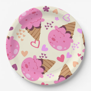 Retro Aesthetic Strawberry Ice Cream and Pink Hear Paper Plate