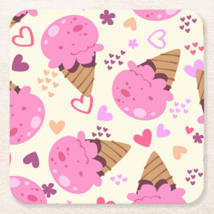 Retro Aesthetic Strawberry Ice Cream and Pink Hear Square Paper Coaster