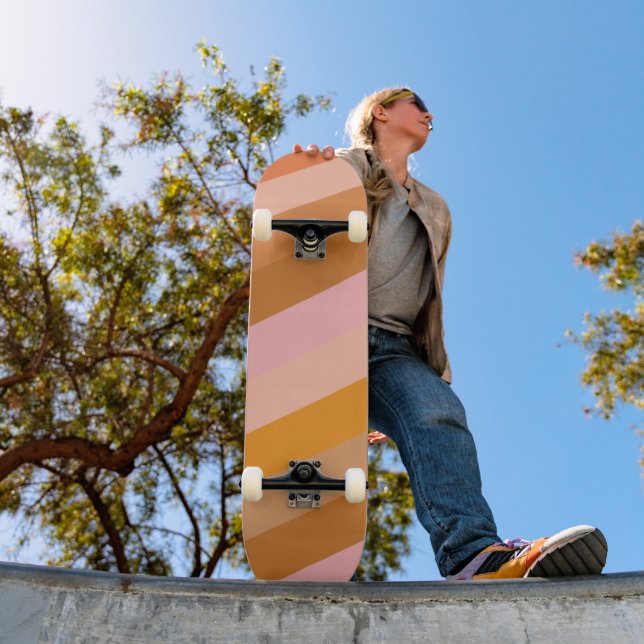 Retro Aesthetic Striped Pattern Pink Rust Orange Skateboard (Outdoor 1)