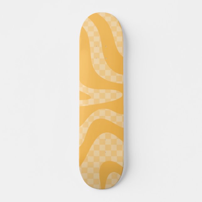 Retro Aesthetic Swirl Check Mustard Yellow Skateboard (Front)