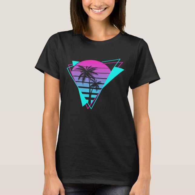 Retro Aesthetic Vaporwave Geometric Palm Trees T-Shirt (Front)