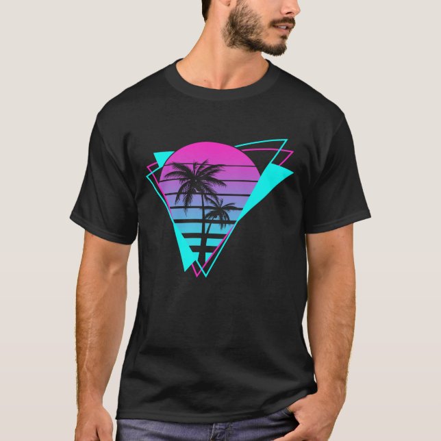 Retro Aesthetic Vaporwave Geometric Palm Trees T-Shirt (Front)