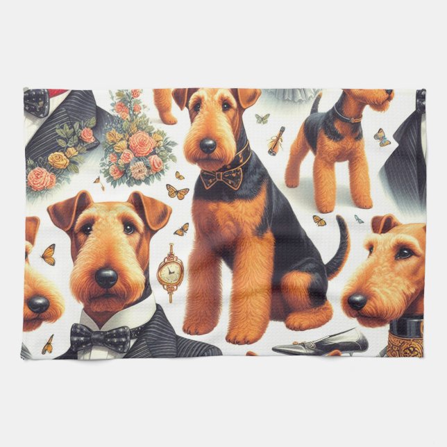Retro Airedale Terrier Seamless Tea Towel (Horizontal)