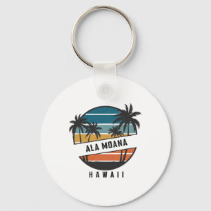 Retro Ala Moana Beach Hawaii Surfboard Surfing Key Ring