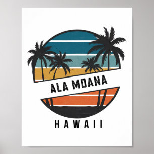 Retro Ala Moana Beach Hawaii Surfboard Surfing Poster