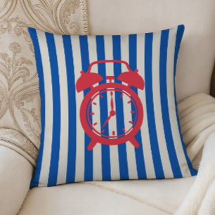 Retro Alarm Clock on Blue Stripes, Accent Pillow,  Cushion