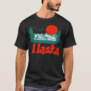 Retro Alaska Mountain Trees  Sun Scene Graphic  T-Shirt