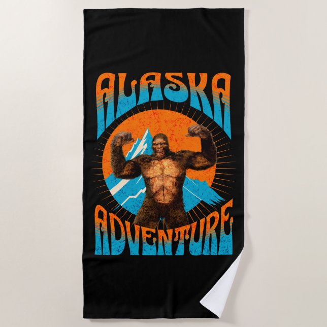 Retro Alaska Sasquatch Mountain Adventure Beach Towel (Front)