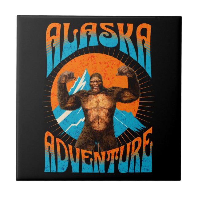 Retro Alaska Sasquatch Mountain Adventure Ceramic Tile (Front)